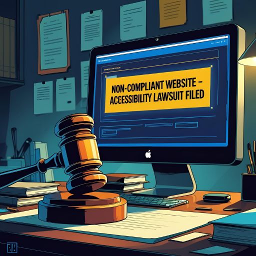 A gavel beside a computer screen with an alert: “Non-compliant website – Accessibility lawsuit filed”